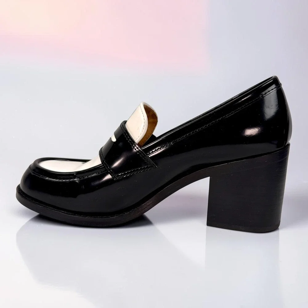 Thursday Boots High Heel Penny Loafer Black White Patent Spectator Womens 9